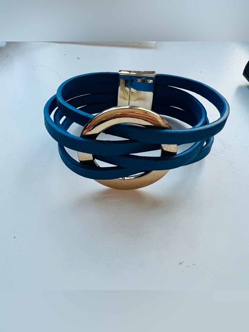 Gold Accent Blue Multi-Strand Leather Bracelet